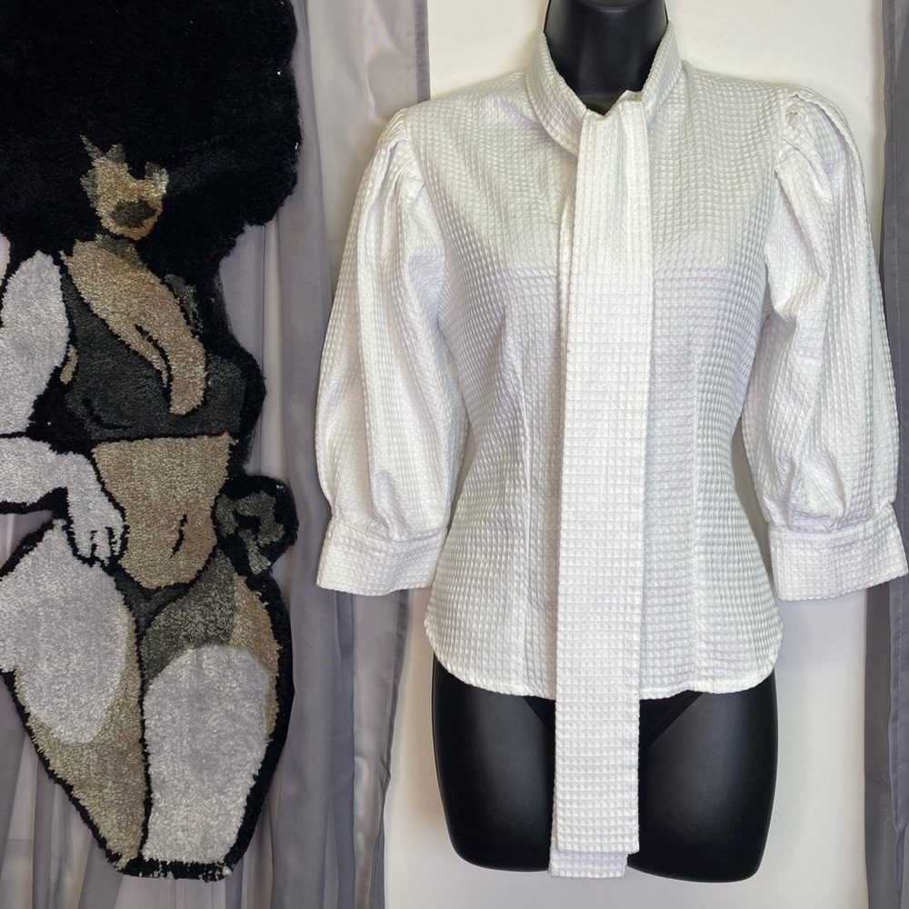 Magoo Couture White Textured Tie Neck Blouse Puff Sleeve Size S